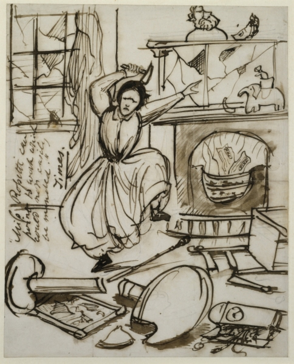 Pen and ink sketch of Christina Rossetti smashing furniture in a rage